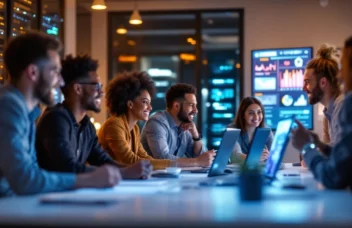 Divers team professionals werkt samen aan digitale herstelstrategie in moderne vergaderruimte met serversystemen en databeveiligingstechnologie op schermen.