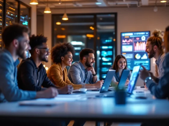 Divers team professionals werkt samen aan digitale herstelstrategie in moderne vergaderruimte met serversystemen en databeveiligingstechnologie op schermen.