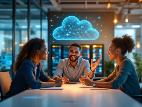 Drie diverse professionals bespreken cloudoplossingen rond een vergadertafel met holografische visualisatie, tegen een achtergrond van serverracks die databeveiliging suggereren.