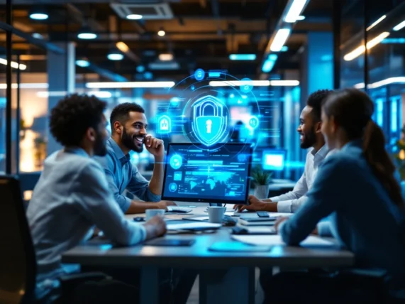 IT professionals collaborating around monitors showing data recovery visualizations in a modern office with servers visible in background.